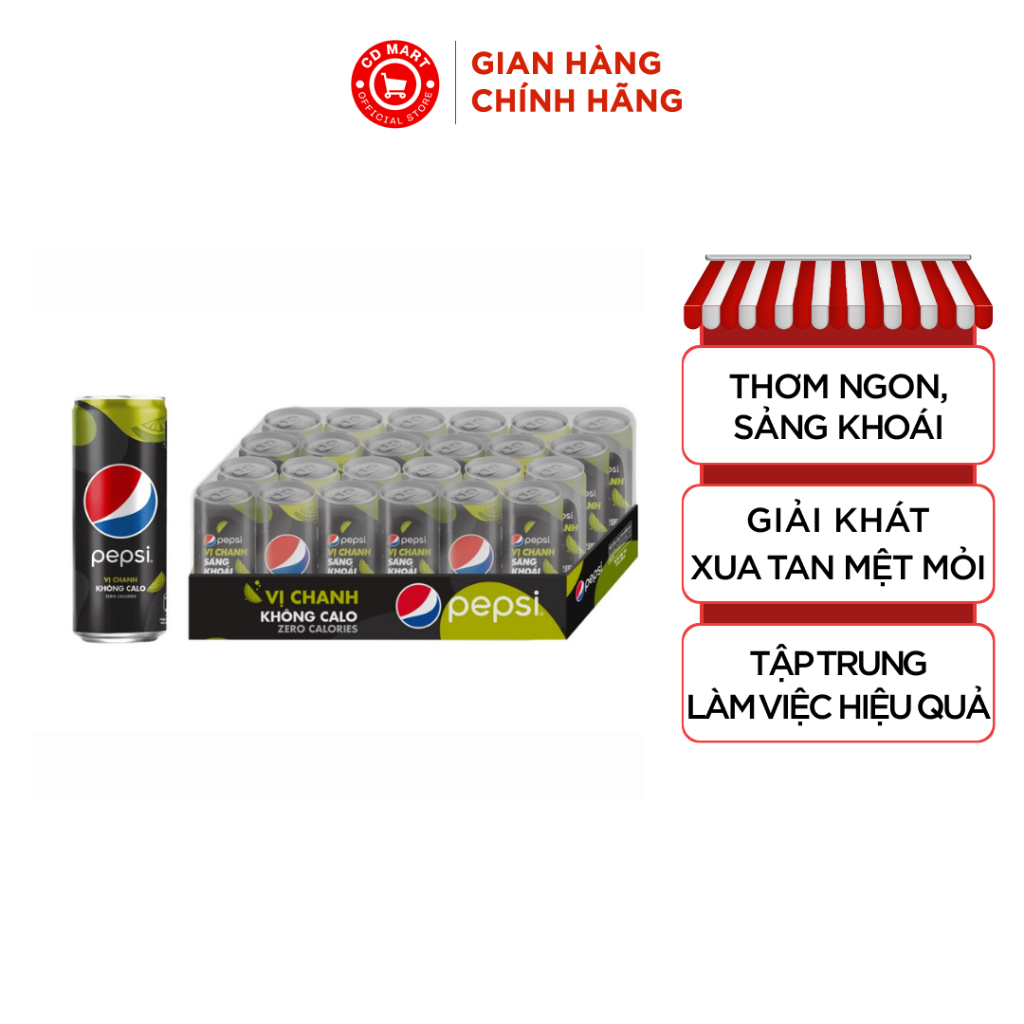 Thùng 24 Lon Nước Uống Có Gaz Pepsi Vị Chanh Không Calo (320ml/lon)