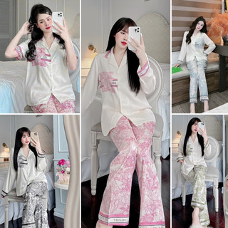 Bộ pijama Họa Tiết chữ  bốn màu lụa Xước Ánh Kim