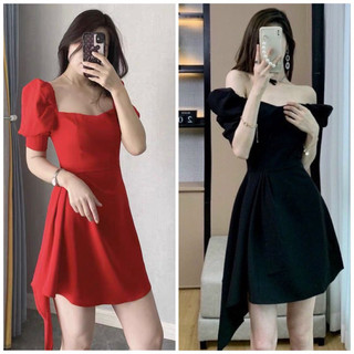 Đầm trễ vai lệch tà tay phồng 2 màu, váy dự tiệc, kiểu hàn quốc xuongvnxk (kèm hình thật)