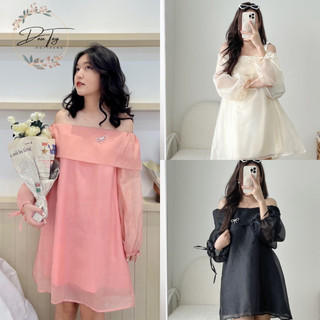 Váy Trễ Vai - Váy babydoll dáng công chúa xòe bồng, chất voan đũi cát , nơ đính đá siêu dễ thương dautay_fashion_hottren