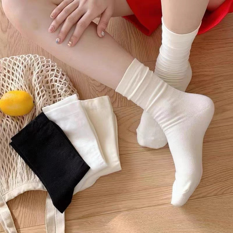 Tất vớ cổ cao màu trơn đen trắng coton mềm mịn phong cách Y2k Hàn quốc