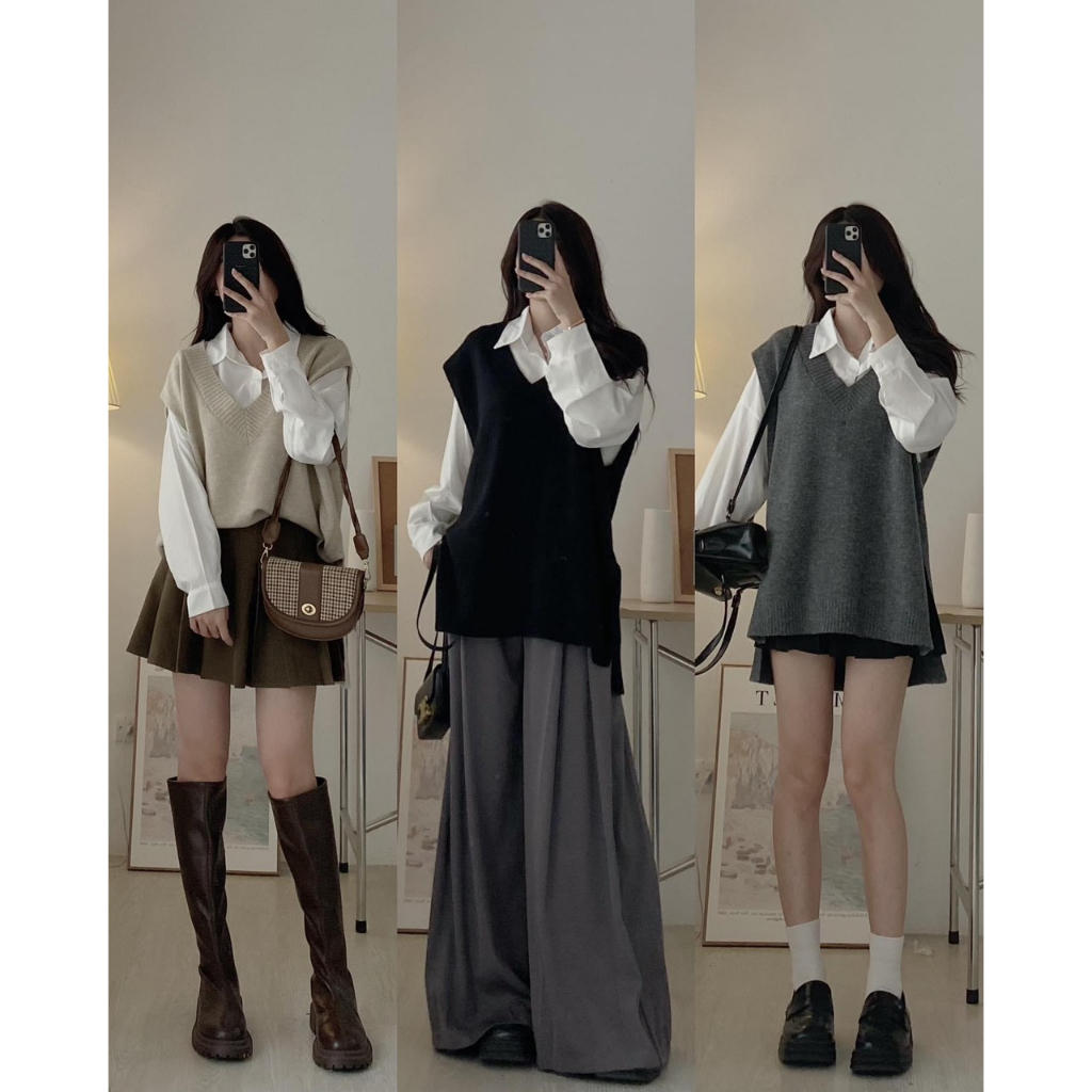 Áo len gile nữ xẻ vạt form rộng trùm vai AO33