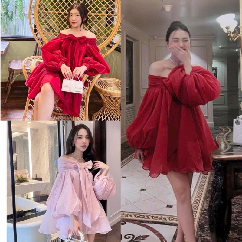 Đầm voan trễ vai tay bồng đính nơ dáng xoè bồng 2 lớp tiểu thư, Áo nữ hở vai tay bồng đỏ hồng đi chơi dự tiệc sang chảnh