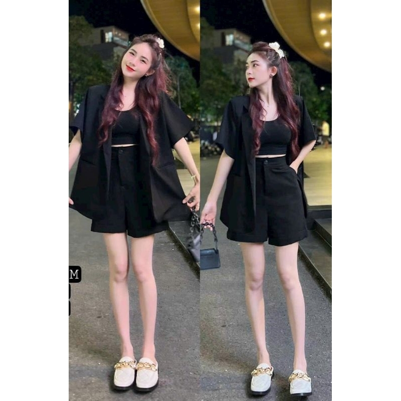 Set 3 món thời trang nữ quần short có túi kèm áo khoác giả vest chất cotton áo trong thun borip.