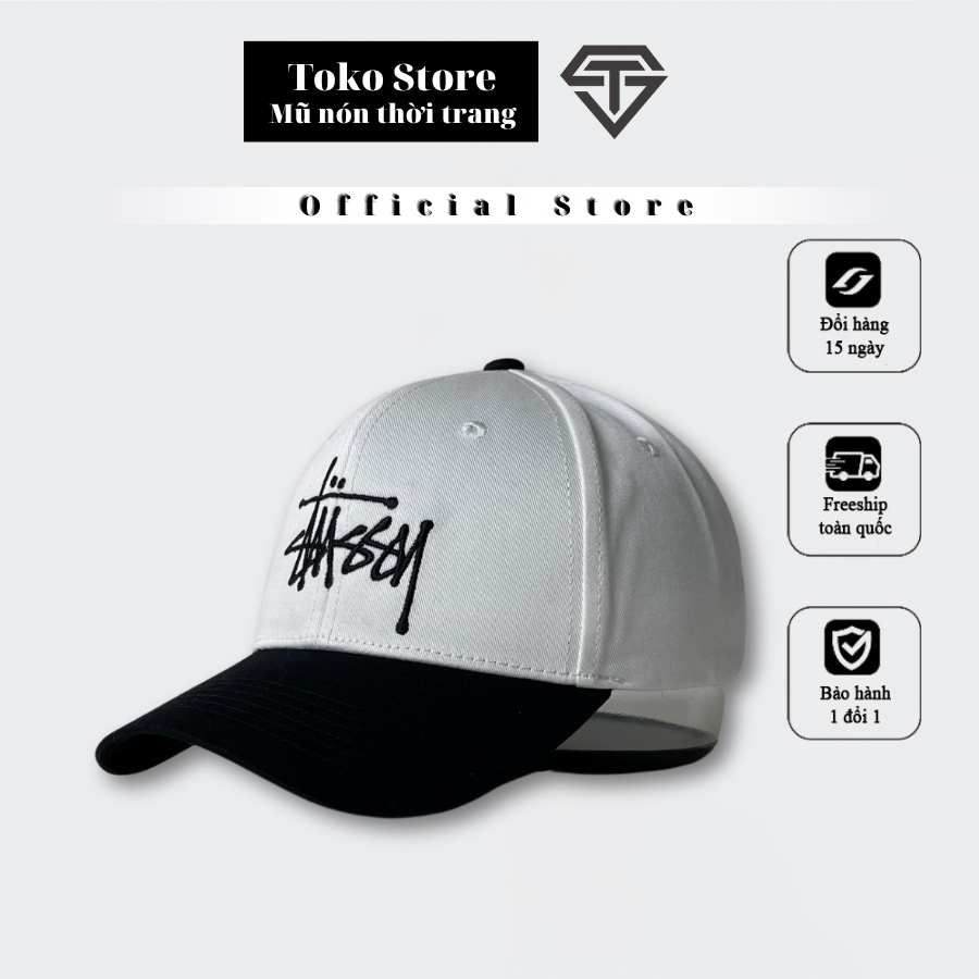 Mũ lưỡi trai Stussy mix trắng đen nam nữ free size full hộp, ưu đãi siêu hấp dẫn