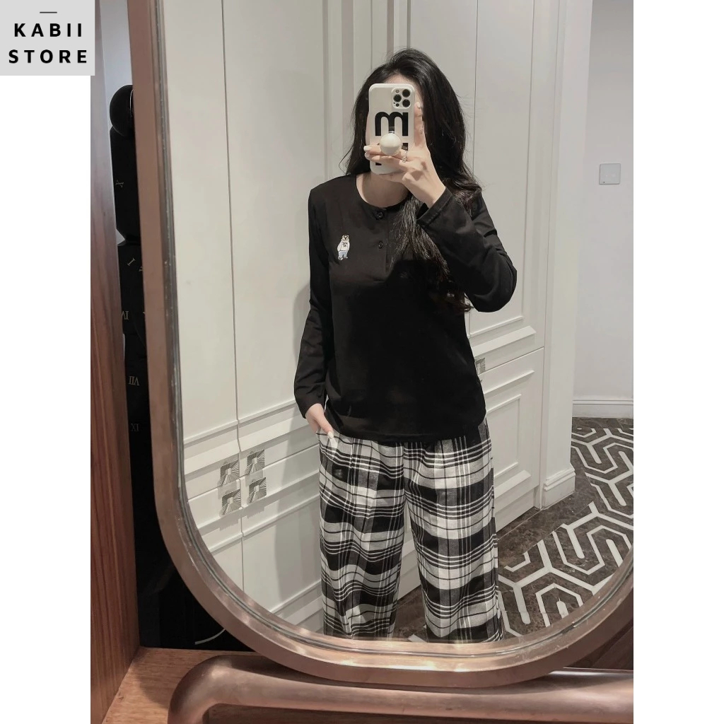 Set bộ nữ tay dài thêu gấu mix quần kẻ suông KABII, chất cotton dày dặn siêu mát full size S M L