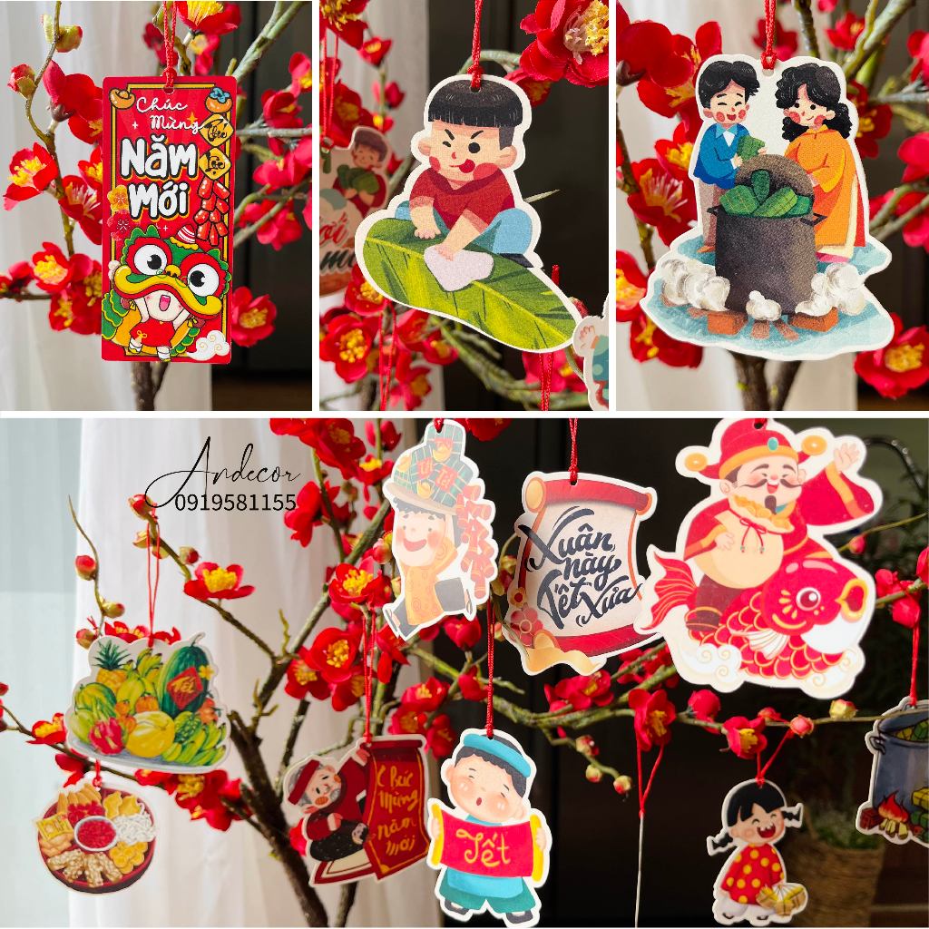 Set 10 Tag treo Tết mẫu mới 2024 kèm Dây treo, liễn treo decor Tết trang trí Oản, Đào, Quất, Mai