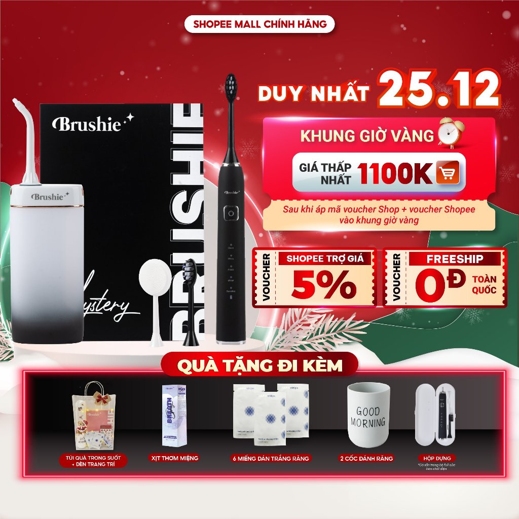 Combo tăm nước cầm tay + bàn chải điện Brushie Ultra hỗ trợ làm sạch răng miệng