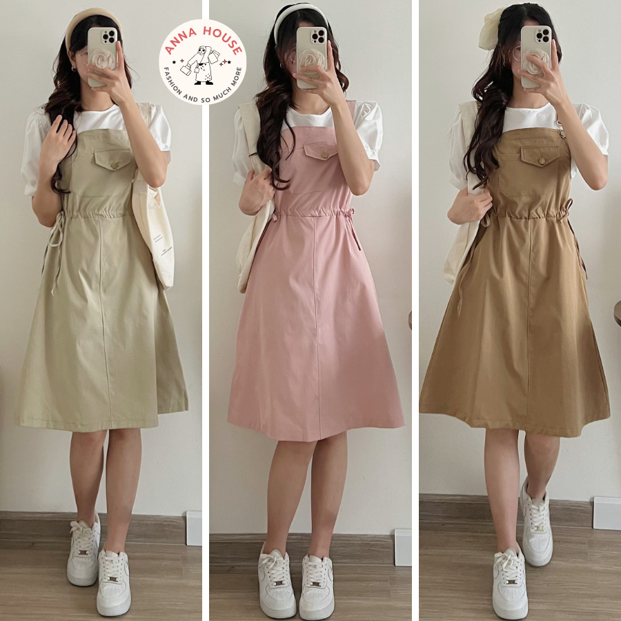 Set váy yếm nữ dáng dài suông rộng buộc dây eo kèm áo sơ mi trắng - set váy yếm kèm áo tay bồng Ulzzang màu xanh, đen