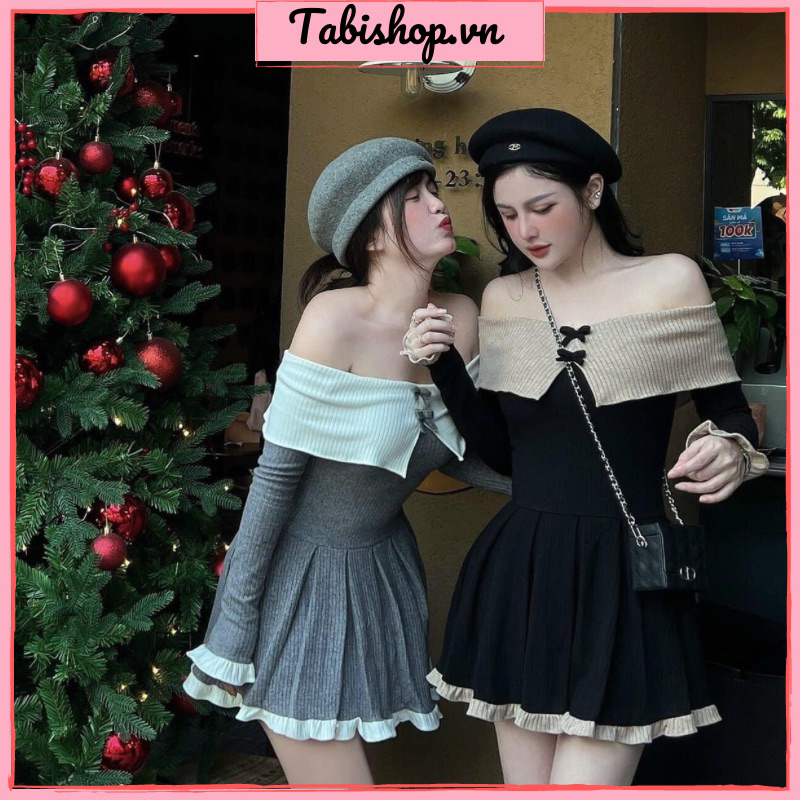 Váy trễ vai đính nơ xếp ly phối bèo TABISHOP Đầm body trễ vai phong cách tiểu thư sexy dễ thương đi dự tiệc đi chơi