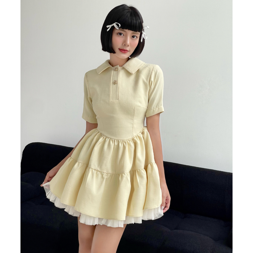 KIOBI – Đầm Lily Bloom dáng xòe babydoll, tay ngắn, vải bố dày