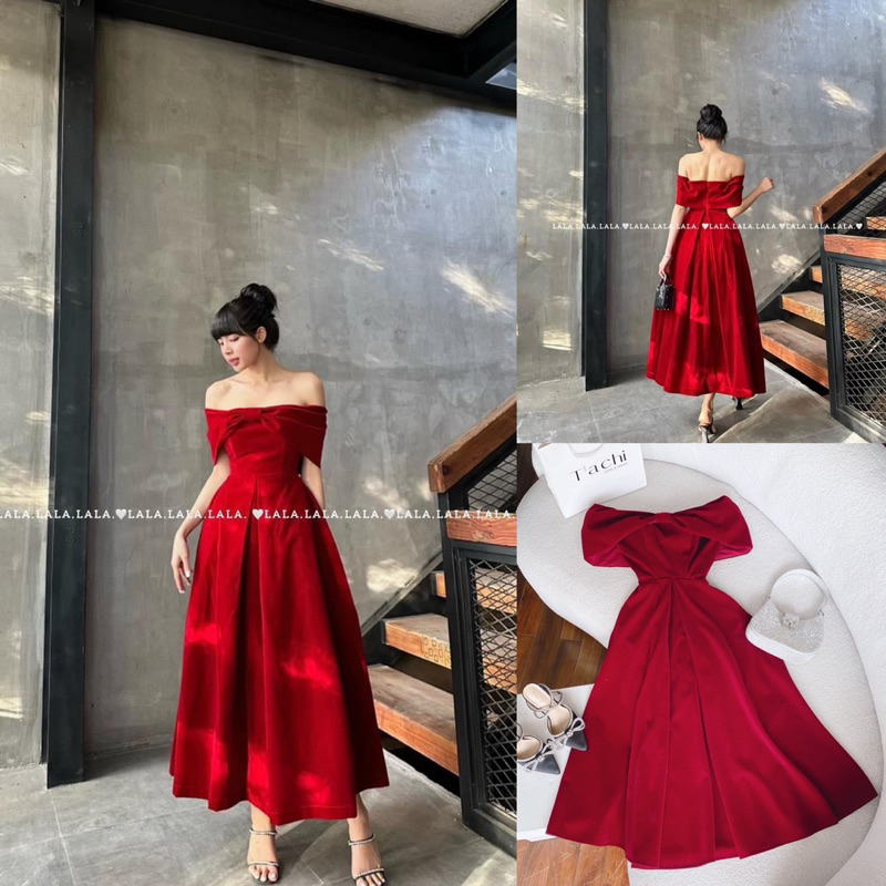 🍒Đầm xanh trễ vai nút ngọc