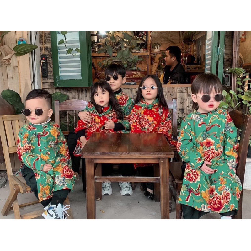 Áo dài cách tân cho bé, set áo dài chất nhung lì họa tiết chăn bông kèm quần lụa cho bé trai và bé gái 10-30kg