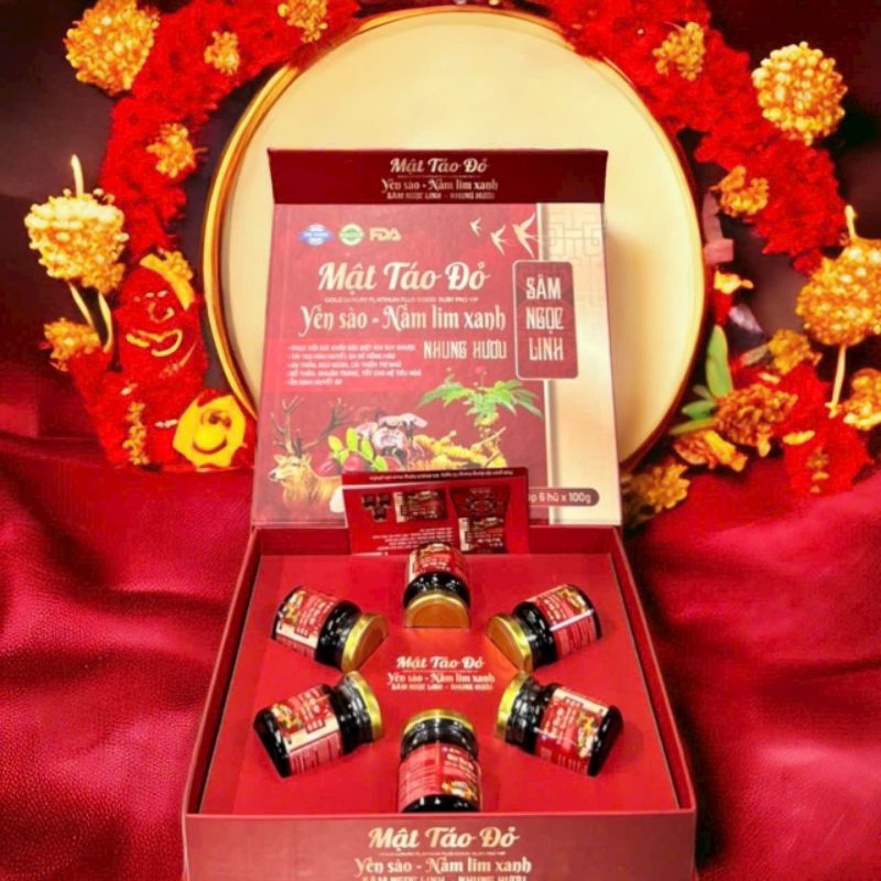 Cao Mật Táo Đỏ Yến Sào Lấm Lim Xanh Sâm Ngọc Linh Nhung Hươu  hộp 6 lọ x 100g