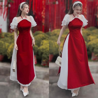   SHOP NÀNG BÉO BIGSIZE 50KG ĐẾN 90KG  set áo dài nhung đỏ kèm váy voan trắng mặc chụp hình tết 