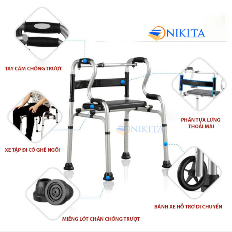 Khung tập đi tích hợp ghế ngồi cho người già, bền chắc, dễ sử dụng, chính hãng Nikita