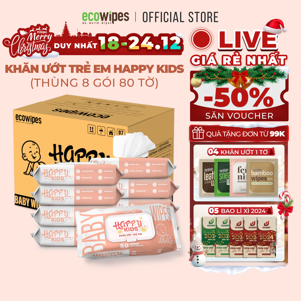 Thùng 08 gói khăn ướt trẻ em Happy Kids gói 80 tờ không mùi siêu tiết kiệm cho bé