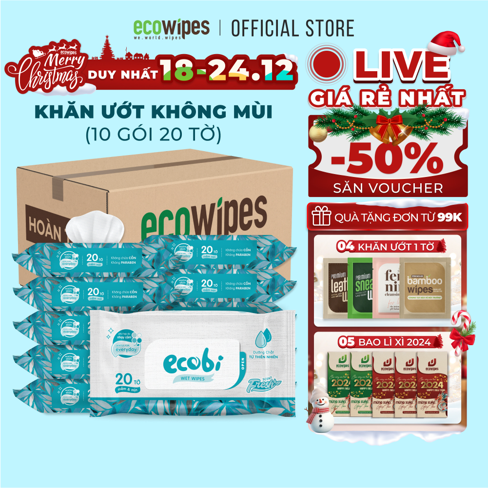 Combo 10 gói khăn giấy ướt cao cấp an toàn cho bé Ecowipes gói 20 tờ 110g không mùi không cồn không paraben