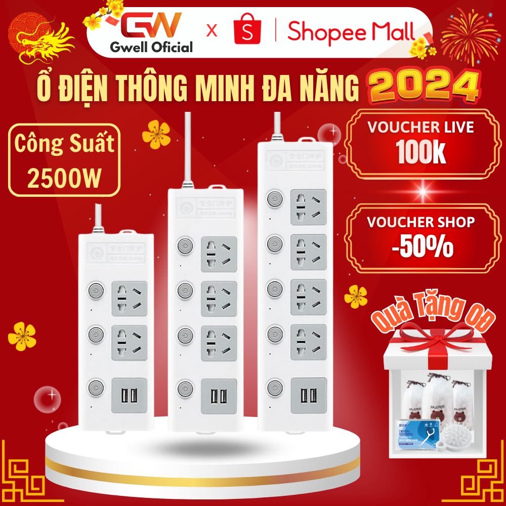 Ổ Cắm Điện Đa Năng GODWELL Chịu Tải 2500W Dây Dài 2.5M Chống Giật, Cổng USB Chống Cháy An Toàn