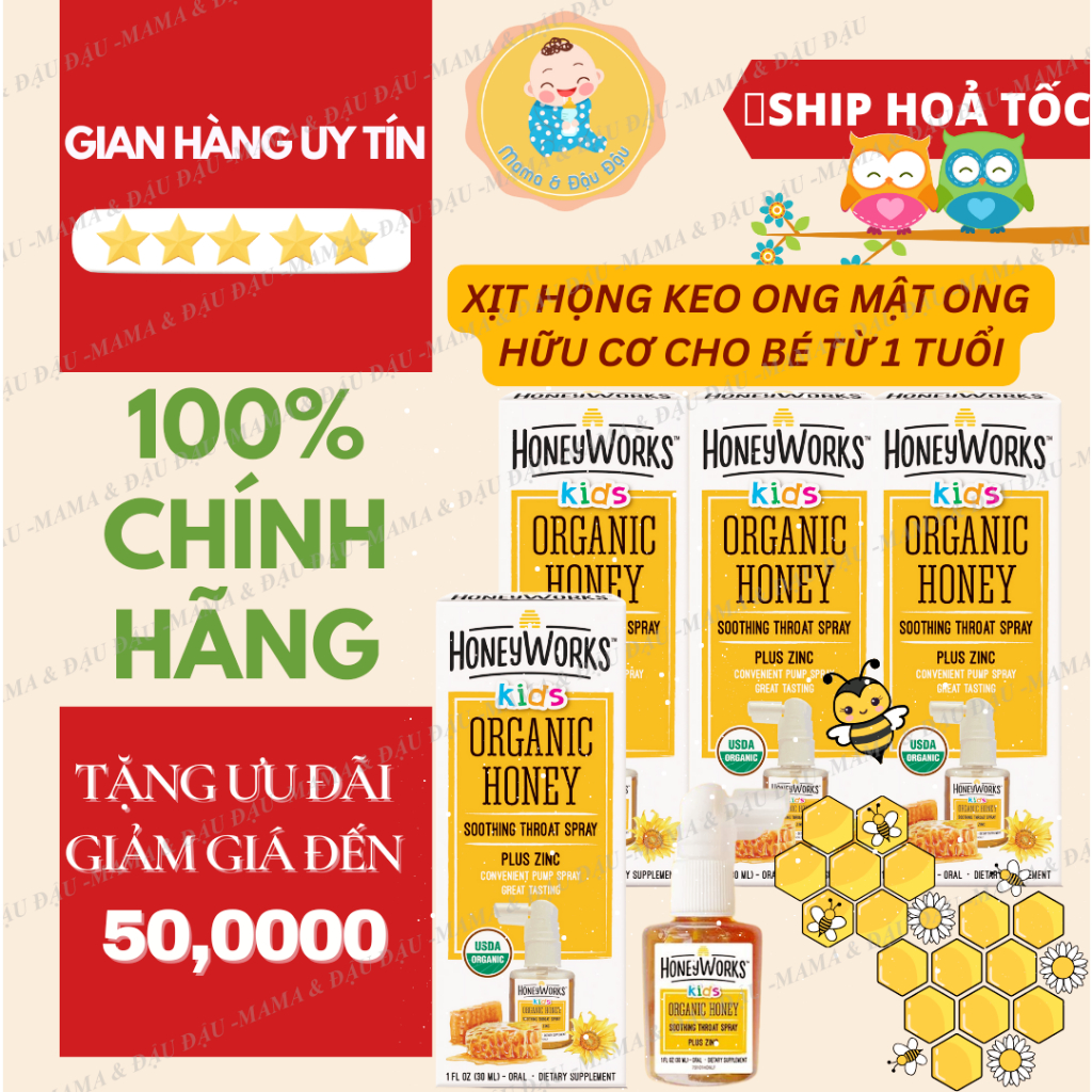 Xịt họng keo ong Honeyworks Kid hữu cơ cho bé từ 1 tuổi giảm ho