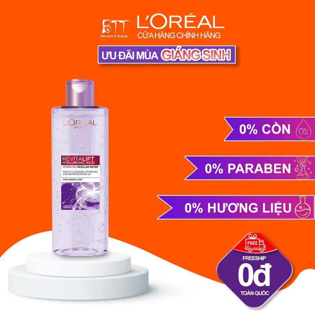Nước tẩy trang cấp ẩm Loreal Paris tím 400ml Revitalift Hyaluronic Acid dành cho da dầu mụn, da khô, da nhạy cảm