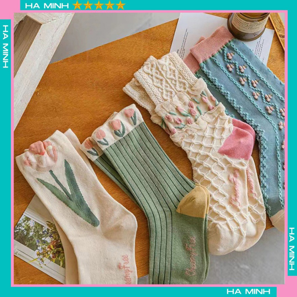 Tất Nữ Cổ Cao Họa Tiết Bông Hoa Phong Cách Vintage Vớ Nữ Cổ Cao Nhiều Mẫu