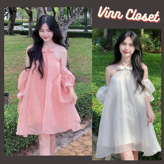 Đầm thiết kế cổ yếm tay bồng, váy dáng xoè chất liệu voan tơ cứng tặng kèm tag nơ đá sang chảnh hv95