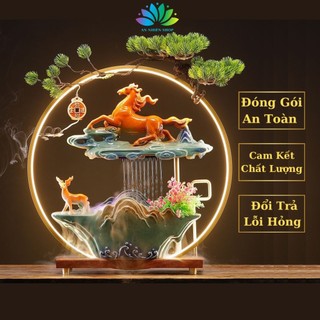 Thác nước phong thủy ngựa mã đáo thành công kèm kệ led hào quang, decor tiểu cảnh trang trí nhà cửa