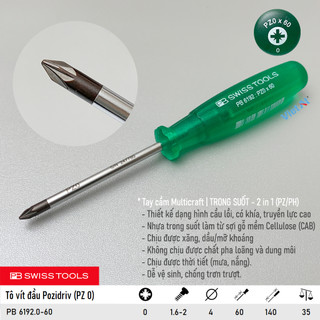 Tô vít mũi pozidriv pb 6192.0-60 dài 140mm, tay cầm multicraft trong suốt/green | pb swiss tools