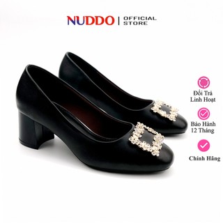 Giày Nữ Đế Vuông Cao Gót 5p Đính Nơ Đá Thời Trang, Guốc Công Sở Nữ Mũi Vuông Da Mềm NUDDO _ NT115