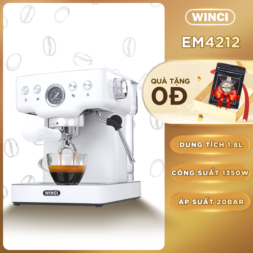 Máy pha cà phê Espresso, Latte, Capuchino Winci EM4212, Áp suất cao 20 Bar ULKA Italia, Bảo hành 1 năm.