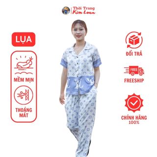 [C23] - Đồ bộ Pijama nữ tay ngắn màu xanh phối hoạ tiết, chất liệu lụa latin cao cấp - Thời Trang Kim Loan