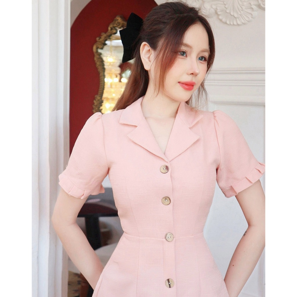 Đầm hồng cổ vest chữ a tay ngắn đẹp thanh lịch thiết kế công sở cao cấp đi làm đi tiệc eo tôn dáng Thời trang Lux W