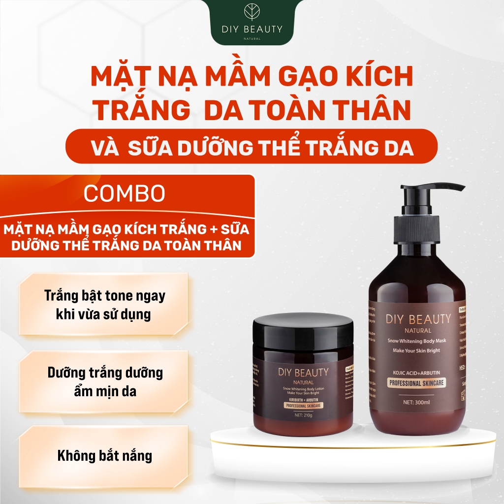 (Bản mới) Combo Sữa dưỡng thể trắng da toàn thân 210gr + Mặt nạ mầm gạo dưỡng trắng toàn thân DIY BEAUTY 300ml