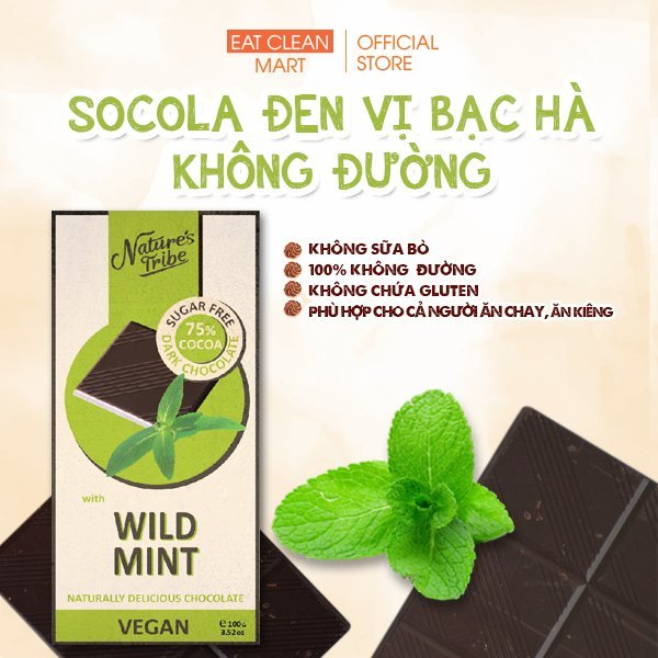 Socola Đen Vị Bạc Hà Không Đường Nhập Khẩu Úc, Gluten Free - Nature's Tribe Sugar Free Dark Chocolate Mint