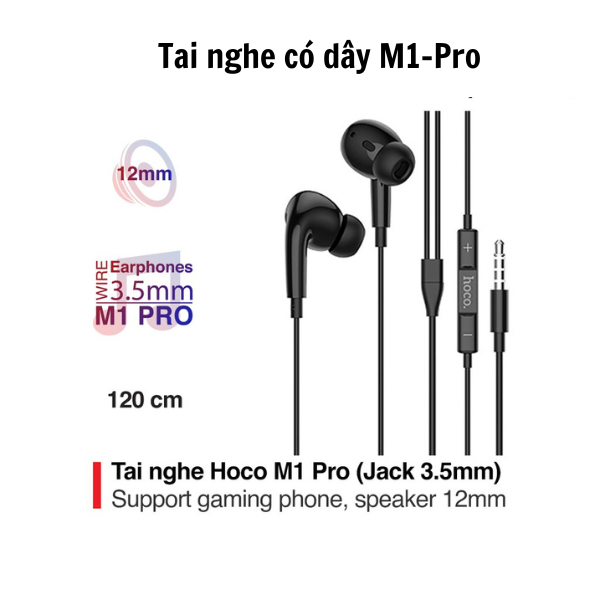 Tai nghe có dây M1 Pro - V5.0 chính hãng Jack 3.5, âm hay tích hợp Micro, cáp 1.2m kèm 4 núm đệm tai - Bảo hành 6 tháng