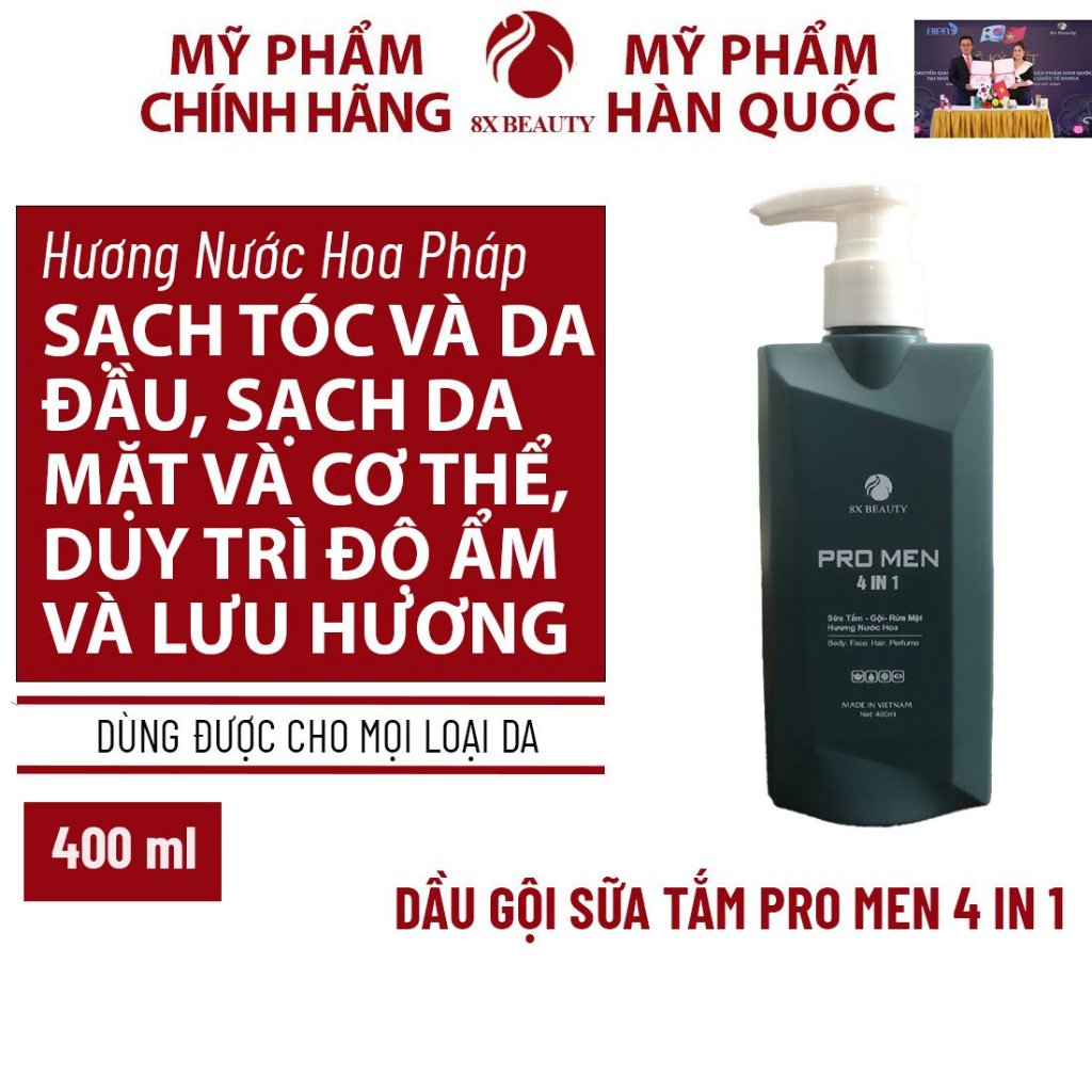 Dầu Gội Sữa Tắm Nam Sữa Rửa Mặt Hương Nước Hoa Pro Men 4 in 1 8x Beauty 400ml