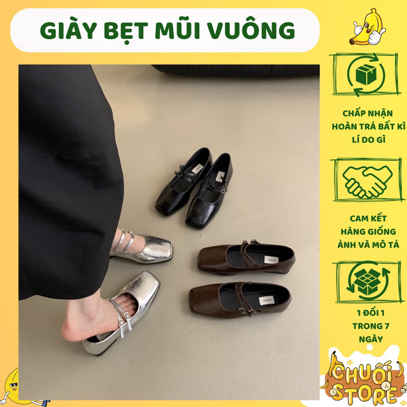 Giày bệt mũi vuông chất da Pu hai lớp cao cấp chuẩn hàng QC hai quai cài kiểu dáng sang chảnh đi học đi chơi
