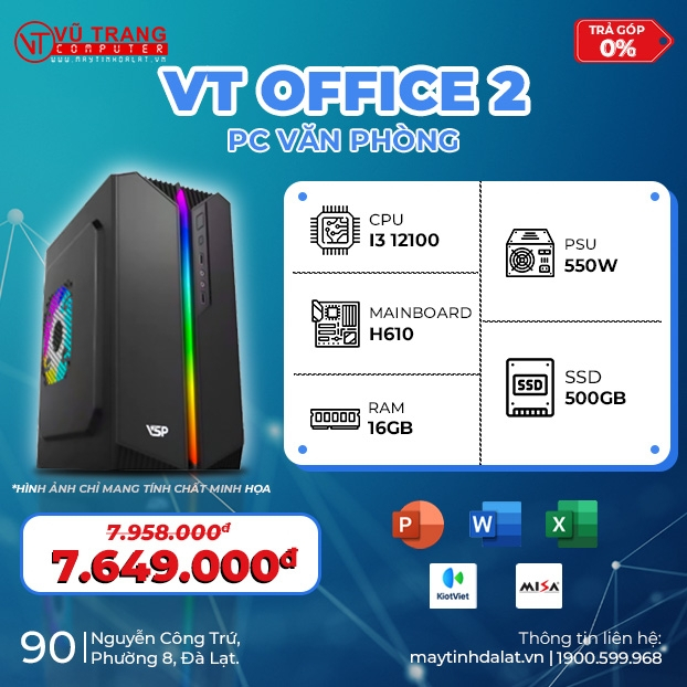 Bộ Máy Tính Văn Phòng - VT Office 2 ( H610 / I3 12100 / RAM 16GB / SSD 500GB / NGUỒN 550W ) Tặng Bàn