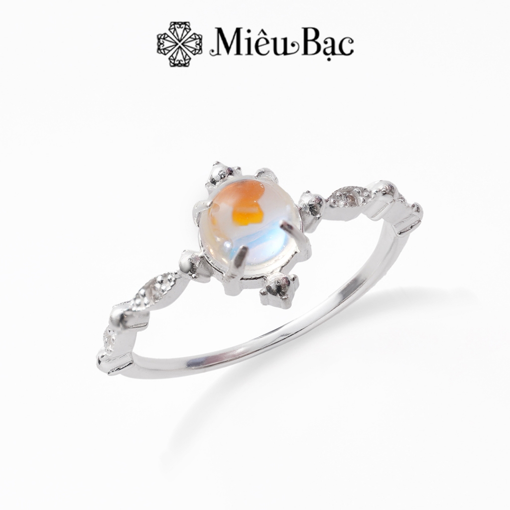 Nhẫn bạc nữ Miêu Bạc 4 chấu Mooonstone viền hạt đá mặt trăng chất liệu bạc S925 thời trang phụ kiện trang sức MN52