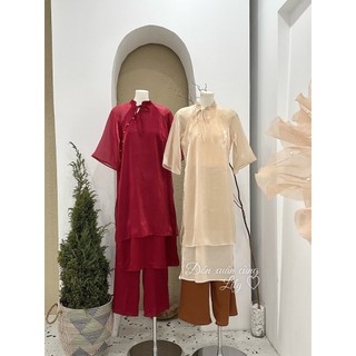 Set áo dài cách tân bốn tà tơ óng kèm quần lụa