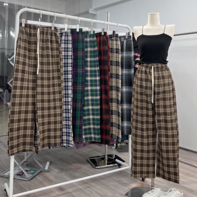 Quần kẻ sọc nữ CARO nam nữ lưng cao dáng rộng phong cách Hàn Quốc CAMASTORE QK06