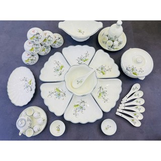 Bộ mặt trời  họa tiết vẽ tay hoa sen nhuỵ hồng, men trắng, gốm sứ Bát Tràng, Vietnam