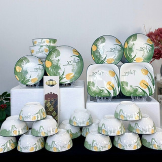 Bộ tô bát chén đĩa, hoa tulip 20sp chất liệu gốm sứ tráng men an toàn decor cao cấp