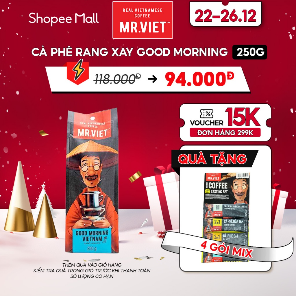 Cà phê GoodMorning, rang xay/thành phần nguyên hạt nguyên chất Robusta, vị đậm đà - MR.VIET Coffee 250g, 500g
