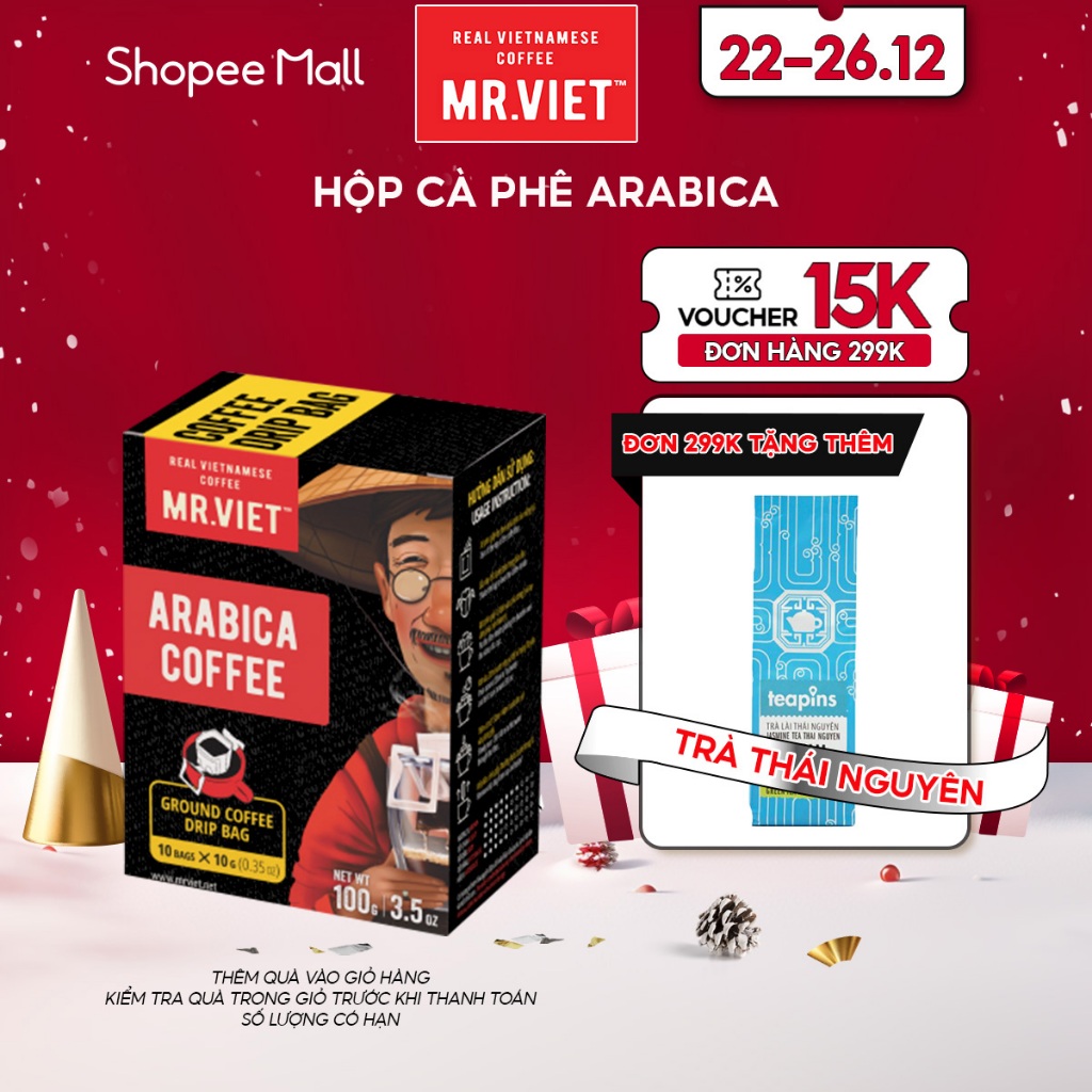 Cà phê rang xay phin giấy/ túi lọc Arabica, đậm đà vị cacao, socola đen - MR.VIET Coffee (10 gói/hộp x 100g)