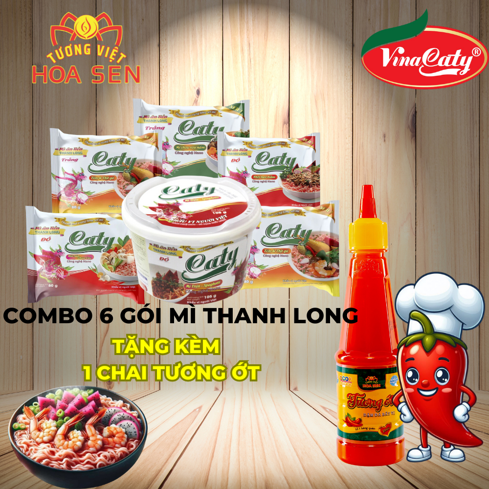 MÌ TÔM THANH LONG CATY - COMBO 6 GÓI ĐỦ LOẠI  - TẶNG1 CHAI TƯƠNG ỚT