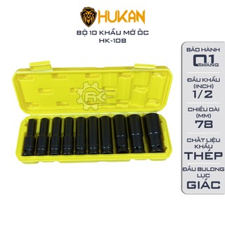 Bộ 10 đầu khẩu HUKAN 10B loại 1/2 dài 78mm, Làm bằng thép sơn tĩnh điện