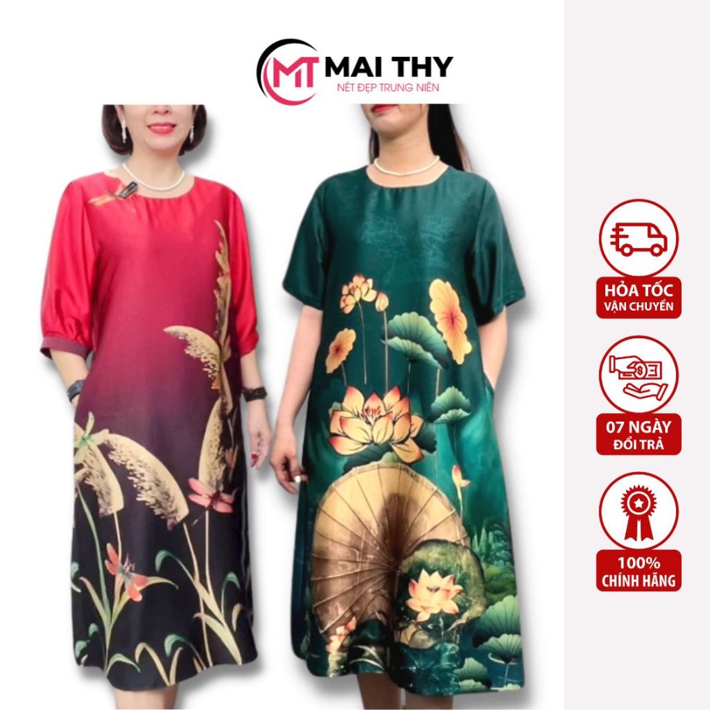 Đầm Trung Niên Thiết Kế MAI THY, Mẫu Váy Suông Tặng Mẹ Đi Tiệc Sang Trọng Ngắn Tay Chất Lụa Latinh | Thời Trang Nữ U50