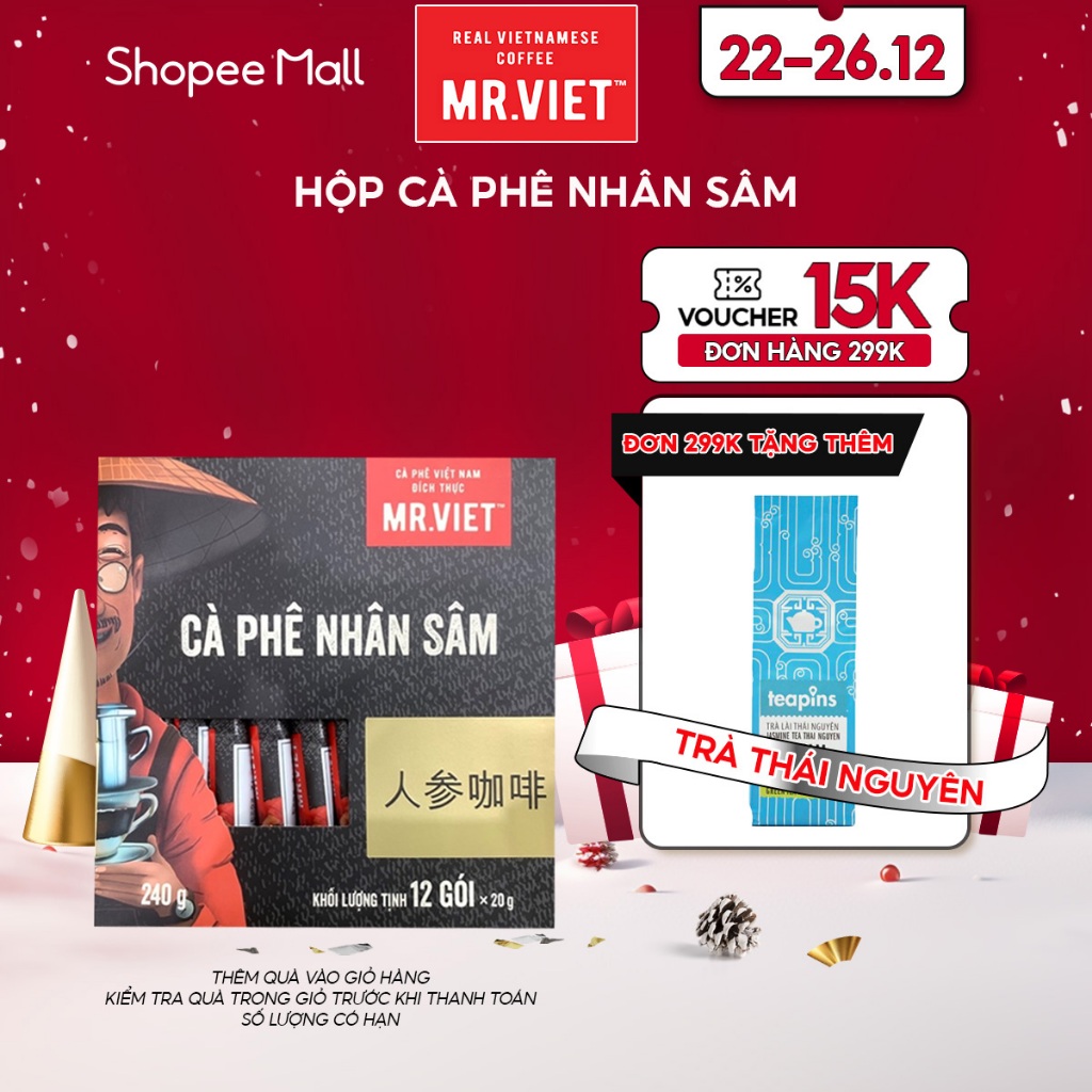Cà phê hòa tan nhân sâm, dinh dưỡng, nạp năng lượng - MR.VIET Coffee (12 gói/ hộp x 20g)
